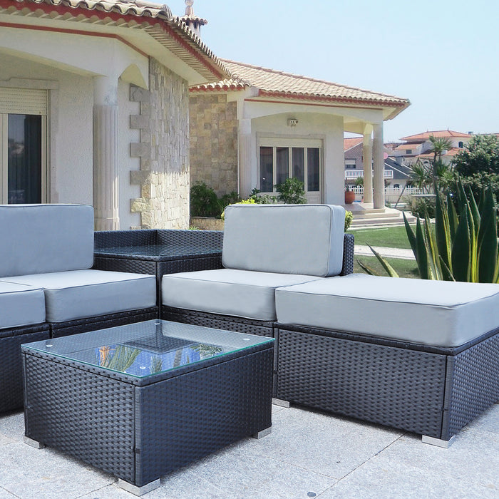 Mcombo Outdoor Patio Rattan Wicker Sofa Black Coffee Table Garden Sectional Set with desk A6082-5005ST-BK
