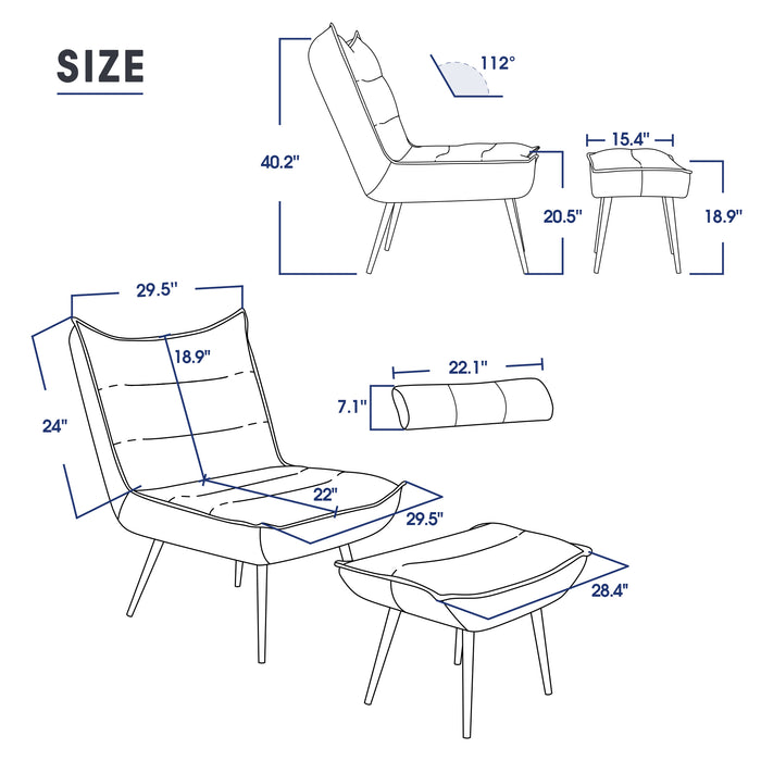 MCombo Modern Chair with Ottoman, Wingback Club Accent Chairs for Living Room, Bronzing Fabric Upholstered Leisure Chairs with Metal Legs 4400