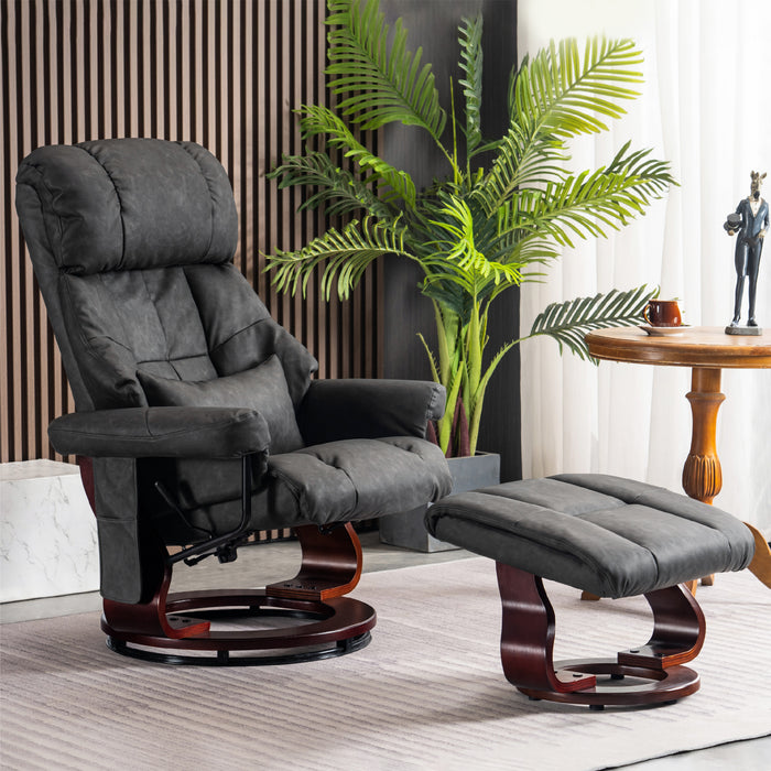 Mcombo Recliner with Ottoman Reclining Chair with Vibration Massage and Lumbar Pillow, 360 Degree Swivel Wood Base, Faux Leather 9068