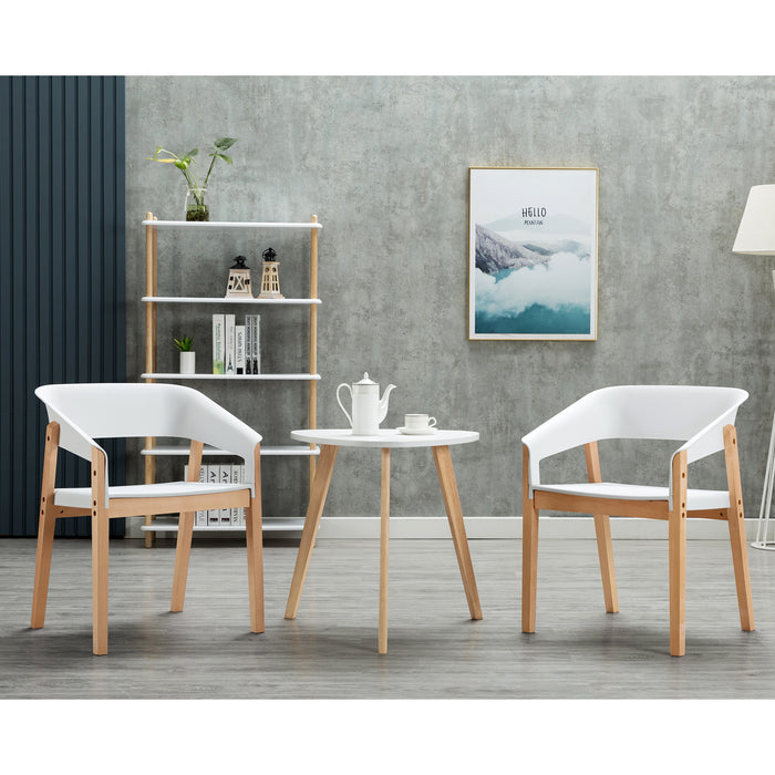 Mcombo Dining Chair Set of 2, White Plastic Dining Chair with Solid Wood Legs, Fabric Side Seat Arm Chair for Kitchen Room Outdoor, Mid Century Modern Accent Chairs (Easy Assembled, with Cushion)  6090-5122OAK