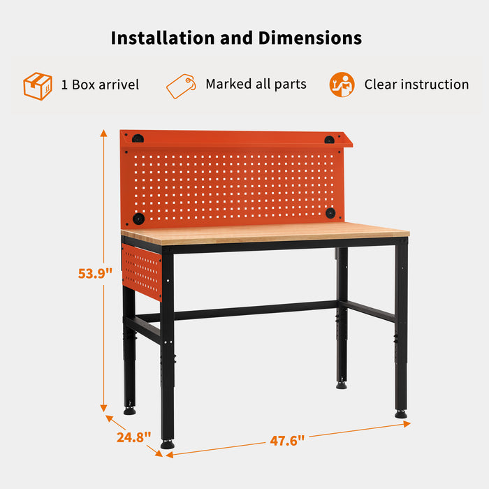 Mcombo Adjustable Workbench with Solid Wood Tabletop for Garage, Steel Worktable with 2 Pegboards for Workshop, Workstation for Shop, Home Improvement (1200lbs Load-bearing) (48”x 24”)6220-Bench-48NB/OB