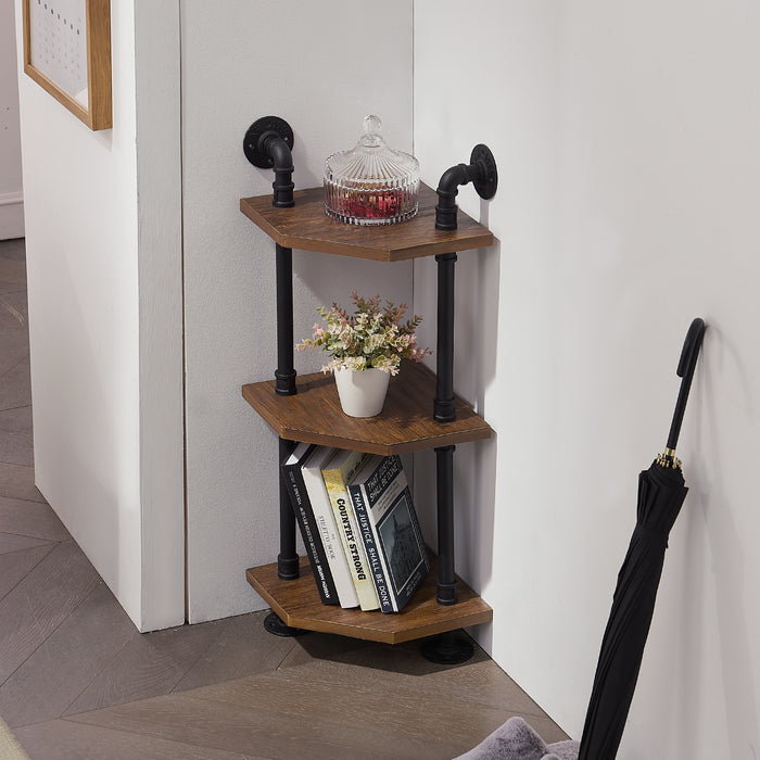 Mcombo Industrial Wall Mount Pipe Shelves, 3/4/5-Tier Corner Shelf with Solid Wood, Corner Bookshelf Display Stand,Metal Standing Bookcase 6090-BS303/404/505/606BRN