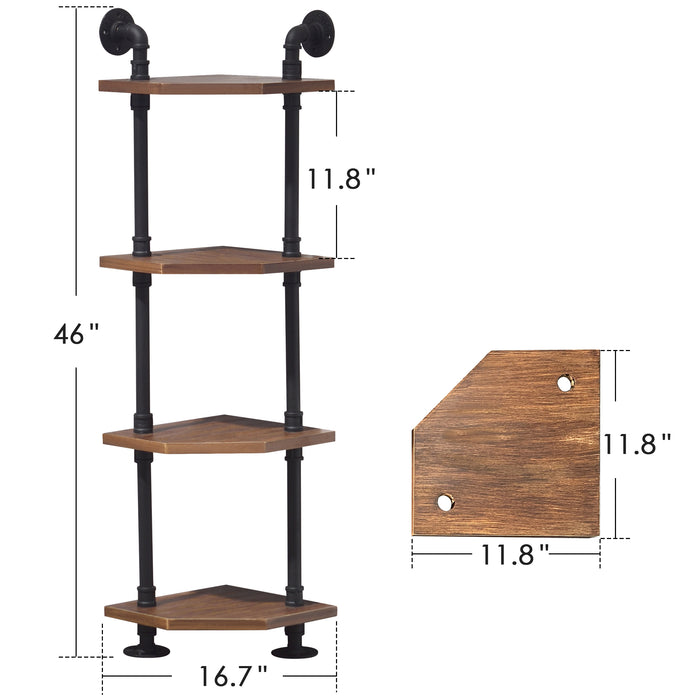 Mcombo Industrial Wall Mount Pipe Shelves, 3/4/5-Tier Corner Shelf with Solid Wood, Corner Bookshelf Display Stand,Metal Standing Bookcase 6090-BS303/404/505/606BRN