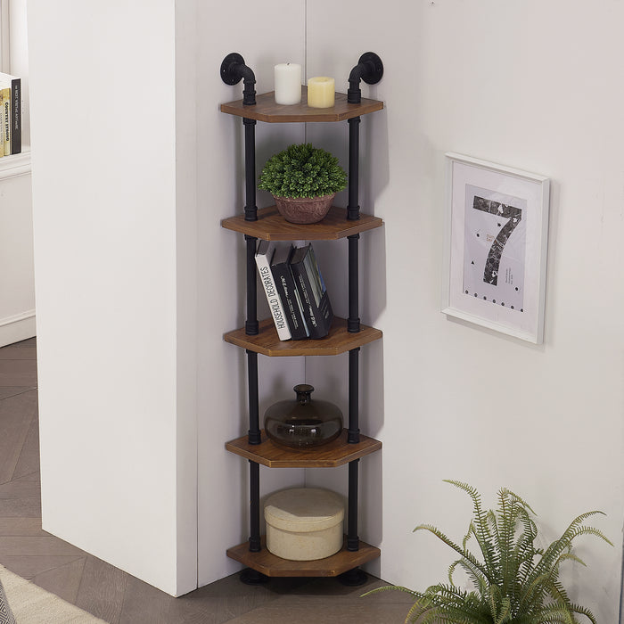 Mcombo Industrial Wall Mount Pipe Shelves, 3/4/5-Tier Corner Shelf with Solid Wood, Corner Bookshelf Display Stand,Metal Standing Bookcase 6090-BS303/404/505/606BRN