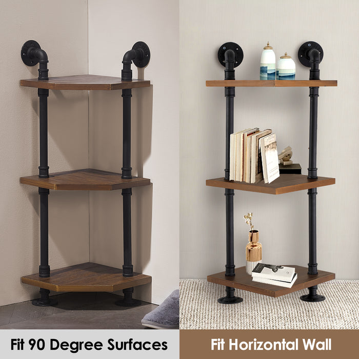 Mcombo Industrial Wall Mount Pipe Shelves, 3/4/5-Tier Corner Shelf with Solid Wood, Corner Bookshelf Display Stand,Metal Standing Bookcase 6090-BS303/404/505/606BRN