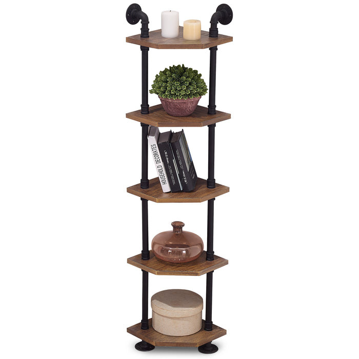 Mcombo Industrial Wall Mount Pipe Shelves, 3/4/5-Tier Corner Shelf with Solid Wood, Corner Bookshelf Display Stand,Metal Standing Bookcase 6090-BS303/404/505/606BRN