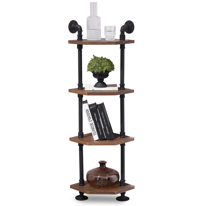 Mcombo Industrial Wall Mount Pipe Shelves, 3/4/5-Tier Corner Shelf with Solid Wood, Corner Bookshelf Display Stand,Metal Standing Bookcase 6090-BS303/404/505/606BRN