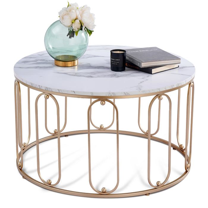Modern Accent Round Coffee Table for Living Room 31.5’’ Table with Golden Metal Frame Tea Table Side Cocktail Table 6090-Orchid-S32GL/BK