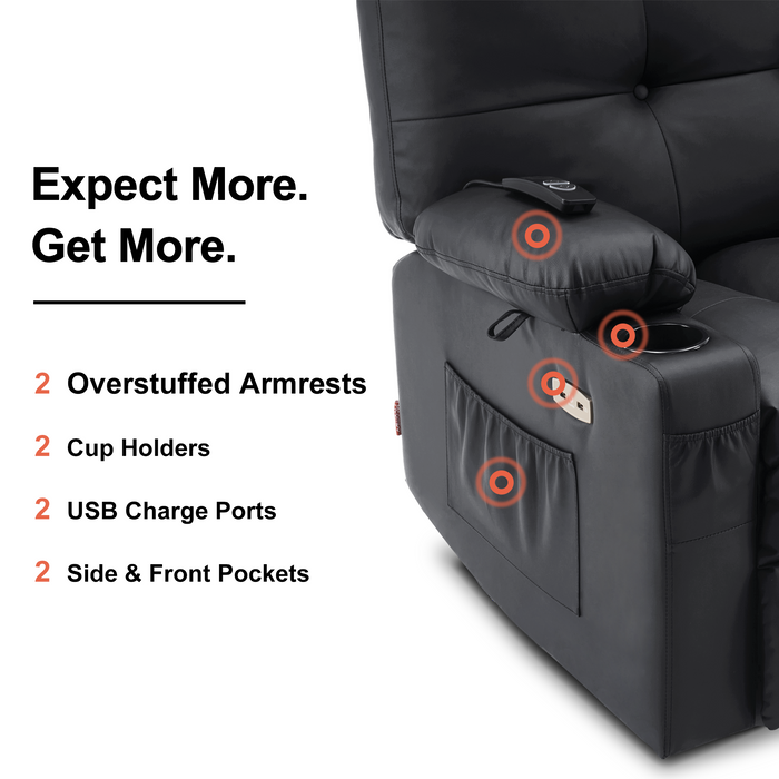 Mcombo Large Electric Power Swivel Glider Rocker Recliner Chair with Massage and Heat, USB Ports, Remote, USB Ports, 2 Side & Pockets, Faux Leather 7748