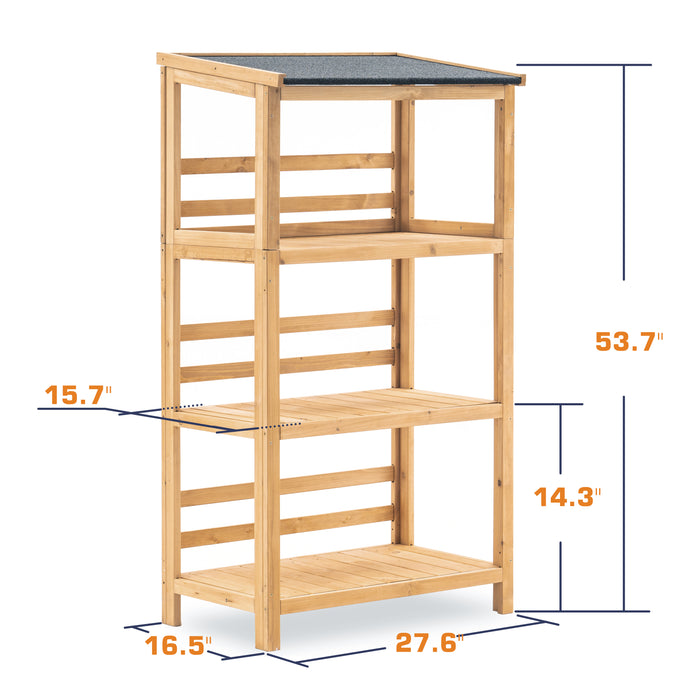 Mcombo Outdoor Wood Garden Shelf with Roof, 3 Tier Wooden Ladder Shelf Plant Stand for Patio, Garden, and Balcony 6056-1333WD