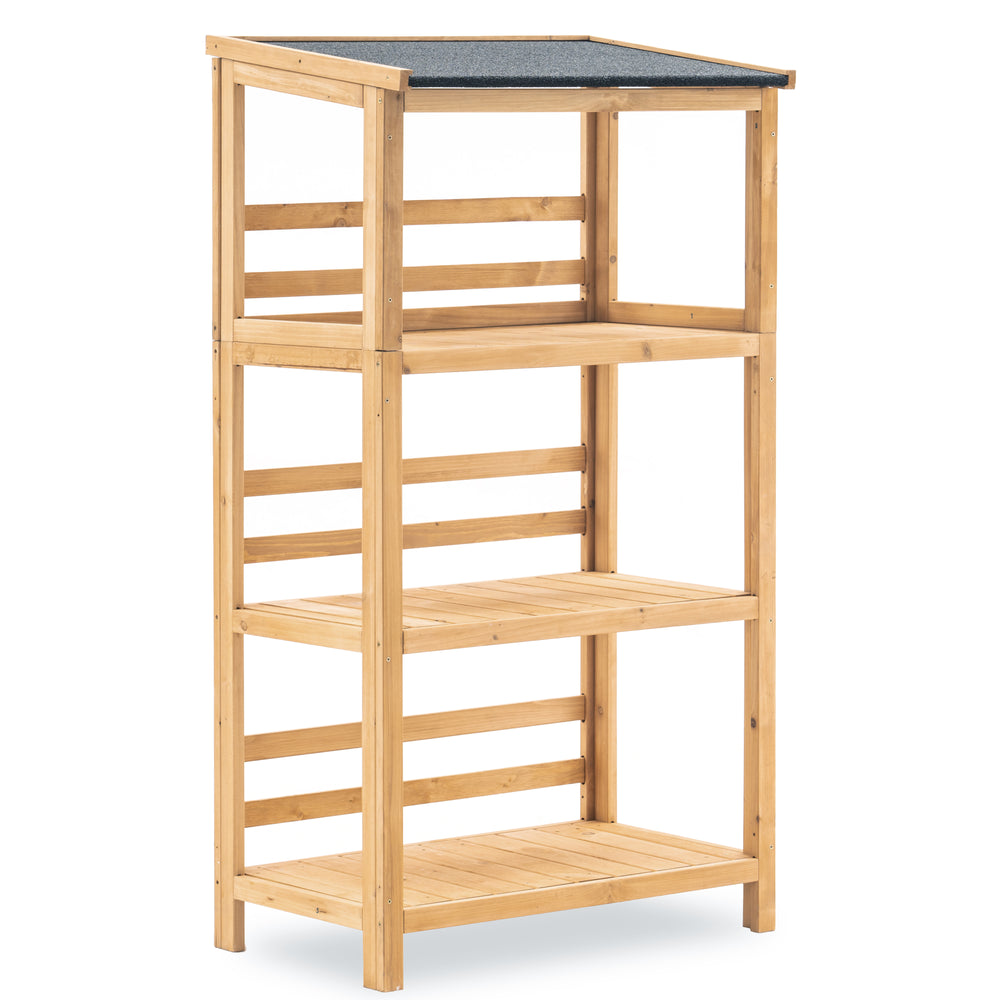 Mcombo Outdoor Wood Garden Shelf with Roof, 3 Tier Wooden Ladder Shelf Plant Stand for Patio, Garden, and Balcony 6056-1333WD