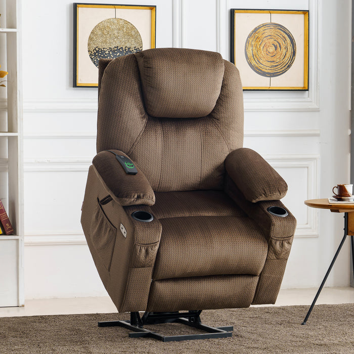 Mcombo Electric Power Lift Recliner Chair Sofa with Massage and Heat for Elderly, 3 Positions, 2 Side Pockets and Cup Holders, USB Ports, Fabric 7040