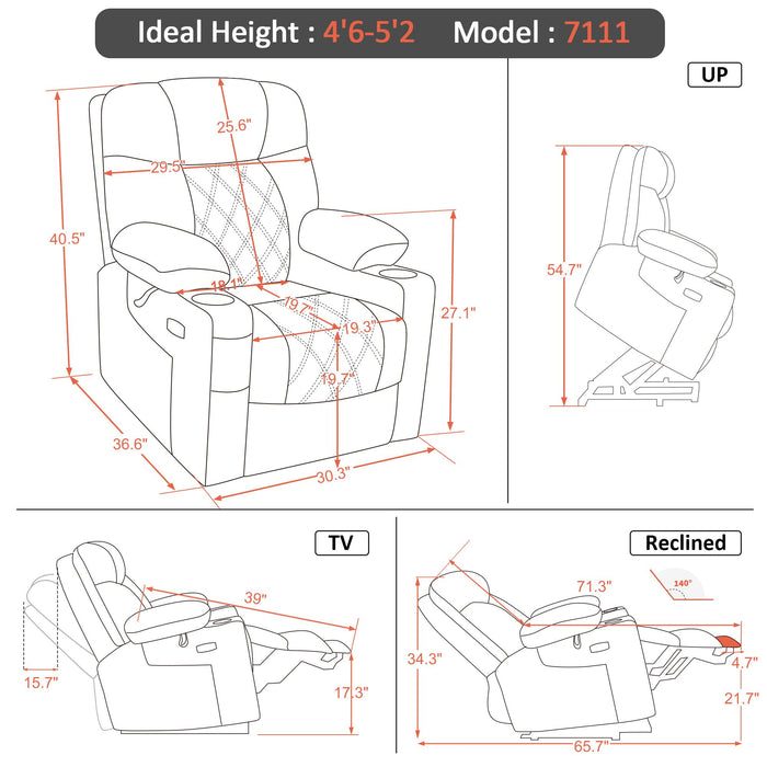 MCombo Small Size Electric Power Lift Recliner Chair Sofa with Massage and Dual Heating, Adjustable Headrest for Elderly People Petite, USB Ports, Extended Footrest, Faux Leather 7111