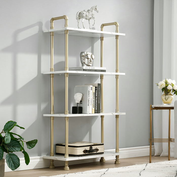 Mcombo 5 Tier Bookshelf Tall, Open Etagere Bookcase with Metal Frame, Office Shelf Storage Organizer, Modern Book Shelf for Living Room, Bedroom, Home Décor Display Rack, White Marble Gold 6090-BS303WGD/6090-BS404WGD/6090-BS505WGD