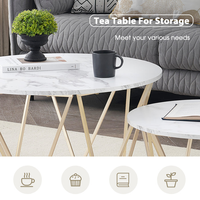Round Coffee Table Set of 2, End Tables for Living Room, 31.5in and 23.6in Modern Minimalist Tea Tables, Tempered Glass Accent Tabletop with Gold Metal Frame Legs (6090-DIAMON-S86GL/WG)