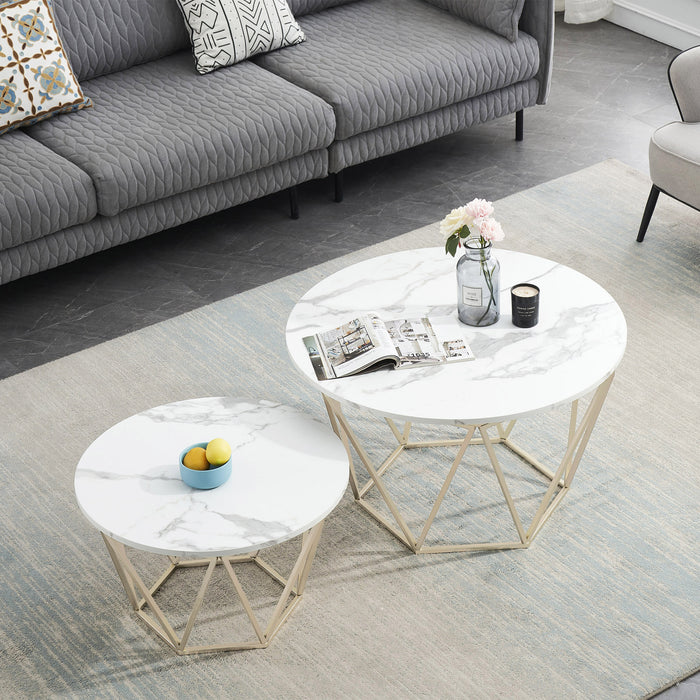 Round Coffee Table Set of 2, End Tables for Living Room, 31.5in and 23.6in Modern Minimalist Tea Tables, Tempered Glass Accent Tabletop with Gold Metal Frame Legs (6090-DIAMON-S86GL/WG)