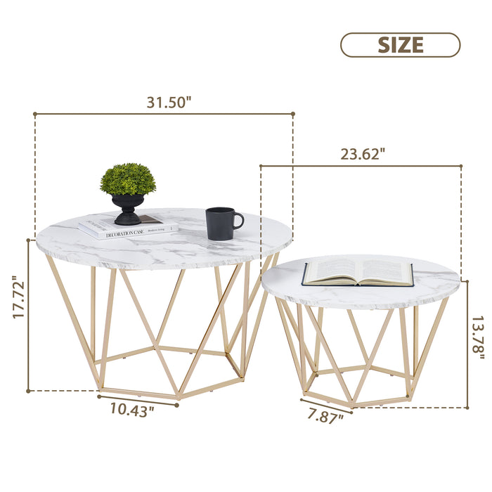 Round Coffee Table Set of 2, End Tables for Living Room, 31.5in and 23.6in Modern Minimalist Tea Tables, Tempered Glass Accent Tabletop with Gold Metal Frame Legs (6090-DIAMON-S86GL/WG)