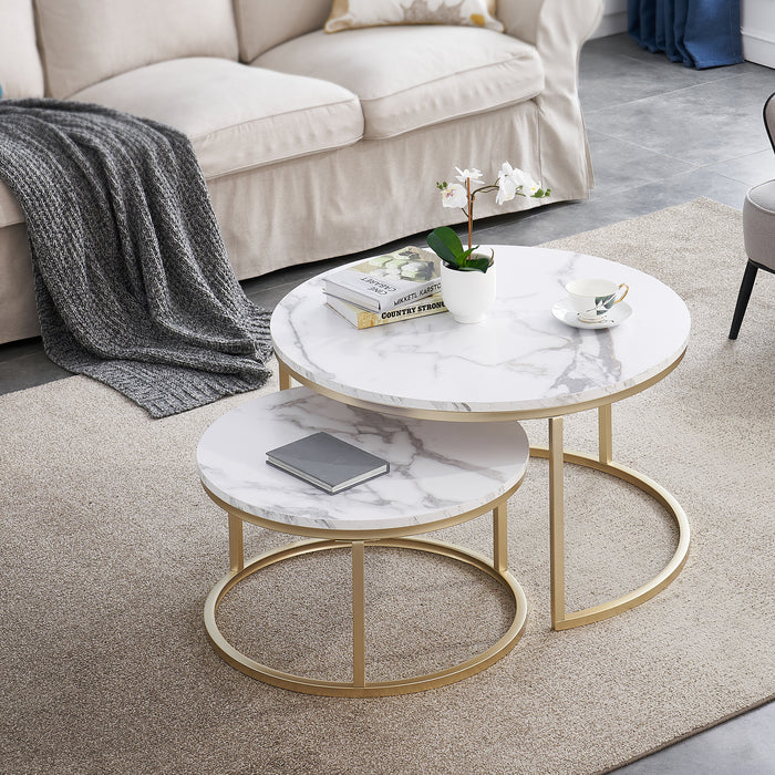 Modern Round Nesting Coffee Table Sets, with 31.5 in White Faux Marble Top and Gold Metal Legs, Accent Wooden Stacking Side Tea Table for Living Room(6090-Eagle-GS32/6090-Eagle-ML32/6090-Eagle-VB32)