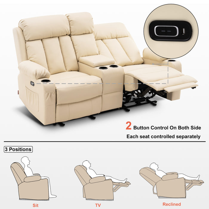 Mcombo Leather Power Loveseat Recliner, Electric Reclining Loveseat Sofa with Heat and Massage, Cup Holders, USB Charge Port for Living Room 6075/ 6095(with Console)