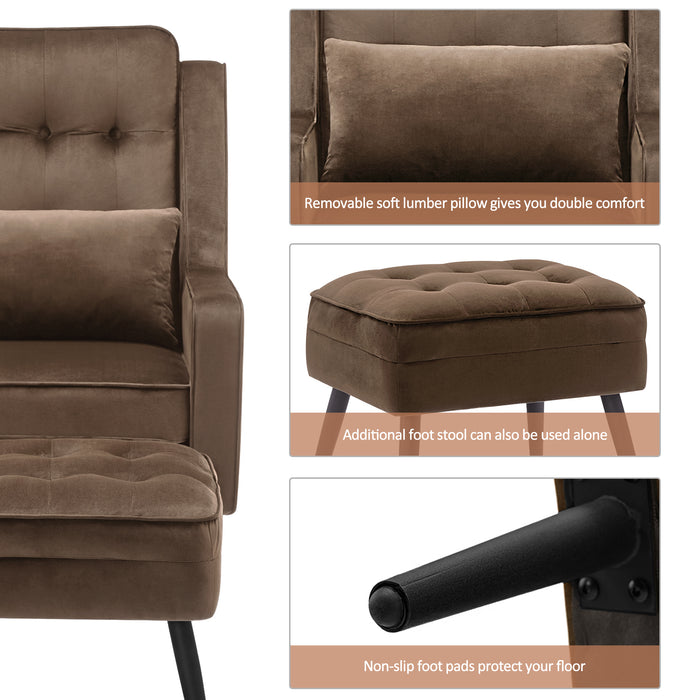 MCombo Modern Accent Club Chair with Ottoman, Velvet Upholstered with Black Metal Legs, Armchair with Lumbar Pillow for Living Room 4278