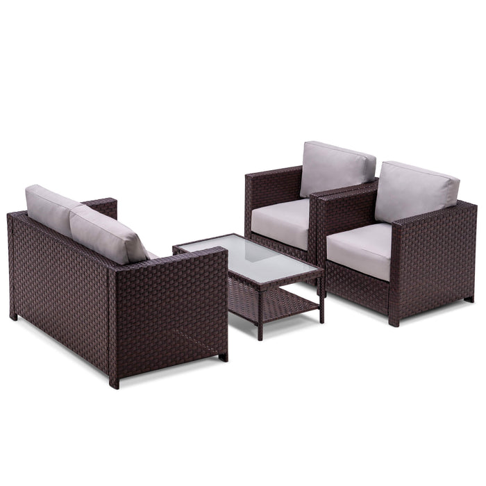 Mcombo Wicker Patio Sofa Furniture with Swivel Lounge Chair and Cushion , Coffee Table with Tempered Frosted Glass,4 Pieces Wicker Conversation Set ,Outdoor Loveseat Lawn Porch Couch 6082-9575BR