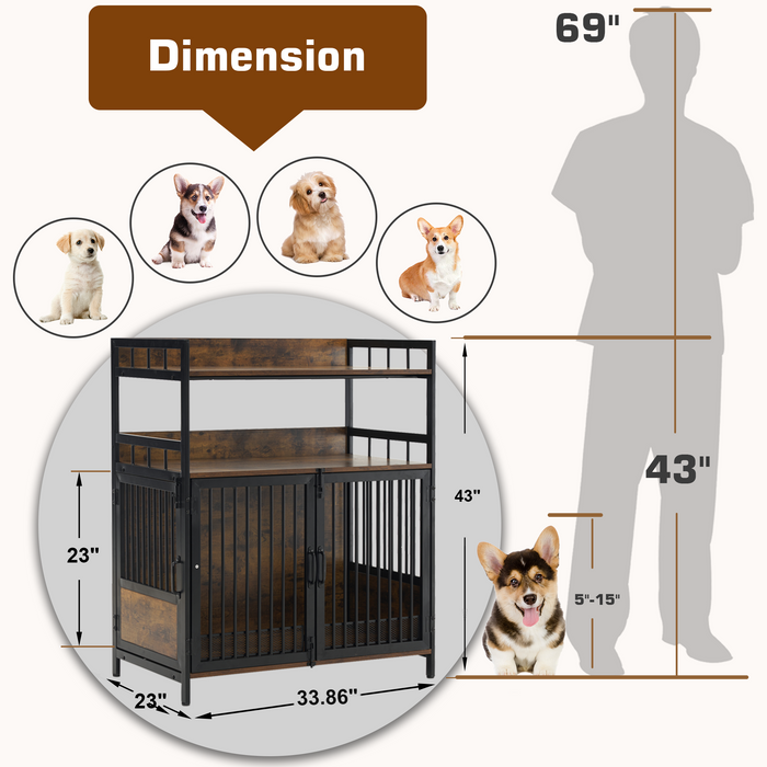 MCombo Furniture Style Dog Crate with Storage Shelves, Heavy Duty Wooden Dog Crate End Table, Triple Doors Dog House Home Indoor Use, 1368