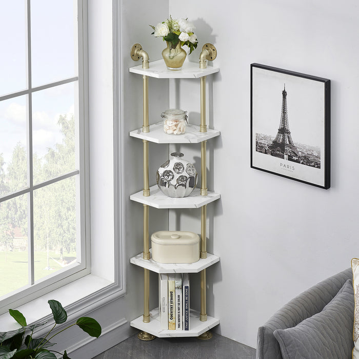 Ivinta Corner Bookshelf with Storage, Wall Mount Pipe Open Shelves, White Corner Shelf Stand, Gold Metal Bookcase, Modern Shelf Organizer Display