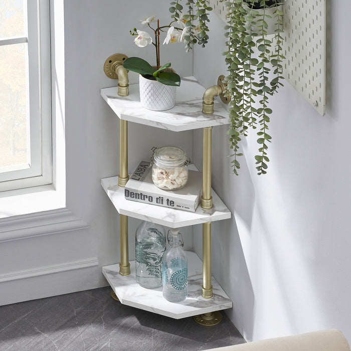 Ivinta Corner Bookshelf with Storage, Wall Mount Pipe Open Shelves, White Corner Shelf Stand, Gold Metal Bookcase, Modern Shelf Organizer Display