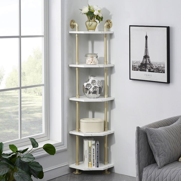 Corner Bookshelf with Storage, Wall Mount Pipe Open Shelves, White Corner Shelf Stand, Gold Metal Décor Bookcase , Modern Shelf Organizer Display Stand Rack for Bedroom, Bathroom, Home, Office, Living Room 6090-CS303WGD/6090-CS404WGD/6090-CS505WGD