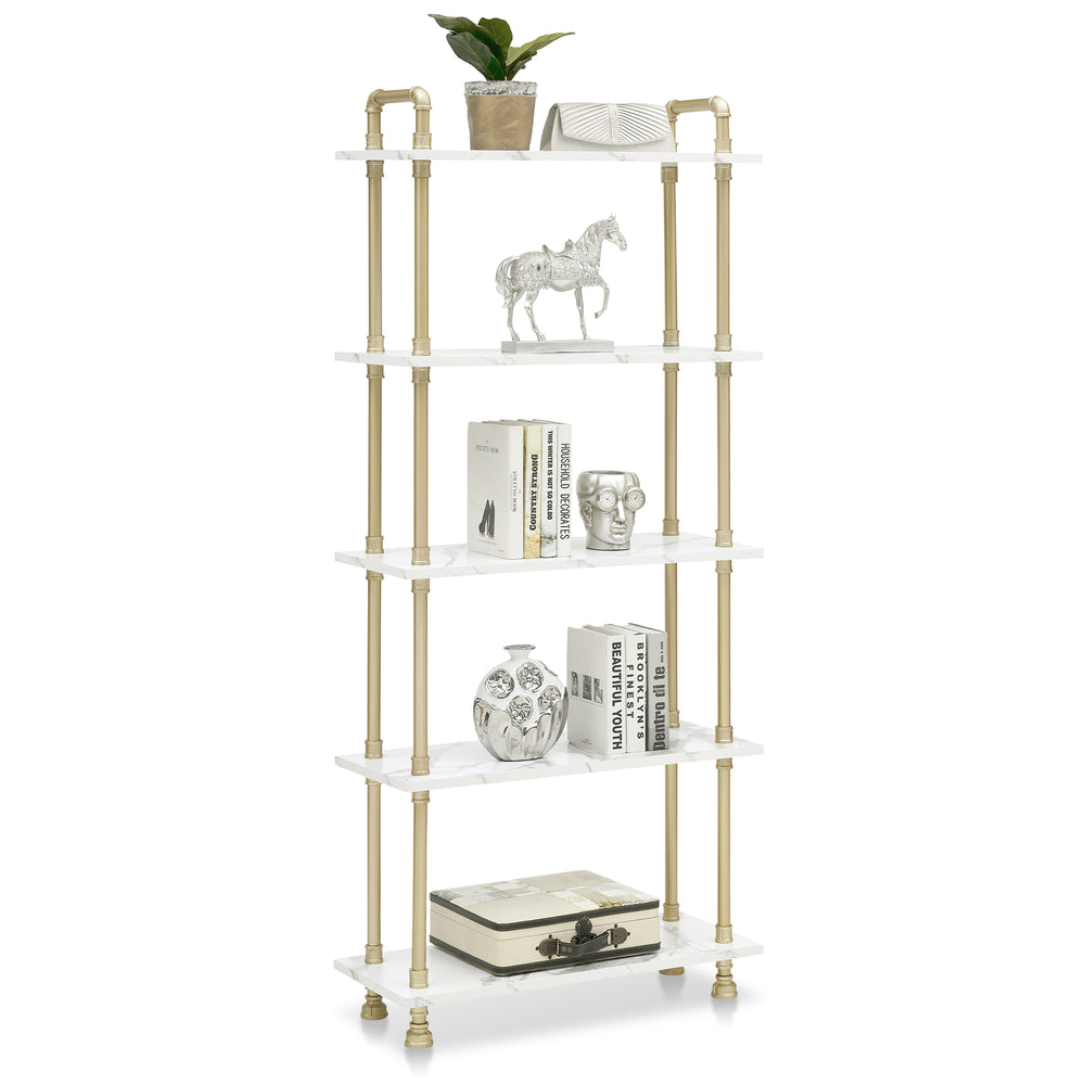 Mcombo 5 Tier Bookshelf Tall, Open Etagere Bookcase with Metal Frame, Office Shelf Storage Organizer, Modern Book Shelf for Living Room, Bedroom, Home Décor Display Rack, White Marble Gold 6090-BS303WGD/6090-BS404WGD/6090-BS505WGD