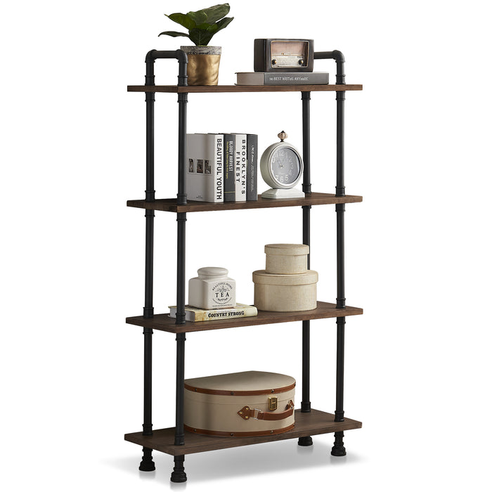 Mcombo Industrial Bookshelf Wood & Metal Bookcase, Rustic Plant Shelf Storage Rack Vintage Kitchen Shelves, Wide Modern Open Display Shelf Heavy Duty Pipe Book Cases Farmhouse Etagere BS505/404/303BLK