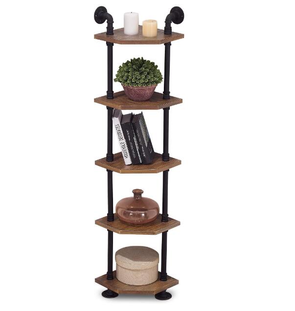 Mcombo Industrial Wall Mount Pipe Shelves, 3/4/5-Tier Corner Shelf with Solid Wood, Corner Bookshelf Display Stand,Metal Standing Bookcase 6090-BS303/404/505/606BRN