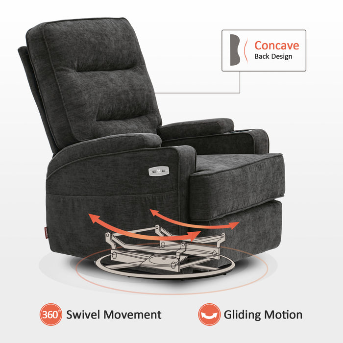 Mcombo Electric Power Swivel Glider Recliner Chair with Heat and Vibrating for Nursery, USB ports, Pillow, Cup Holders, Remote Control, Fabric 7752