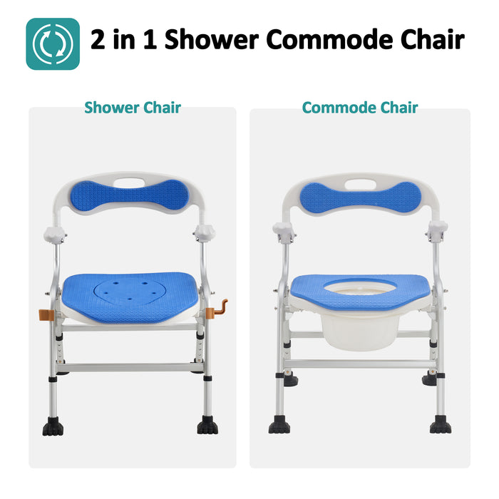 MCombo Folding Shower Chair for Travel, Shower Chair No Assembly with Unique Anti-Slip Foot, Bedside Shower Commode Chair with Drop Arm and Backrest for Seniors, Disabled, Lightweight Portable