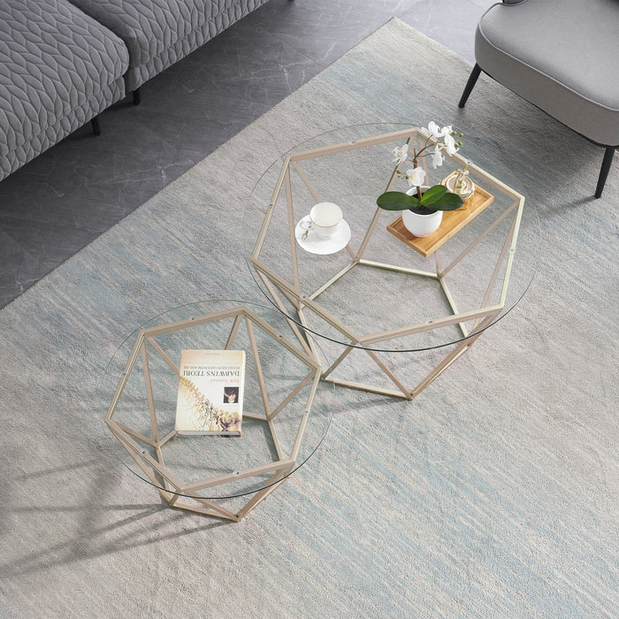 Round Coffee Table Set of 2, End Tables for Living Room, 31.5in and 23.6in Modern Minimalist Tea Tables, Tempered Glass Accent Tabletop with Gold Metal Frame Legs (6090-DIAMON-S86GL/WG)