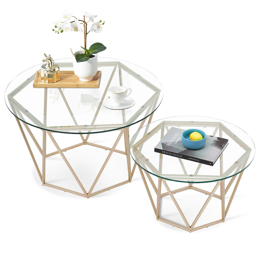 Round Nesting End Table Set w/Glass Top for Small Space,Living