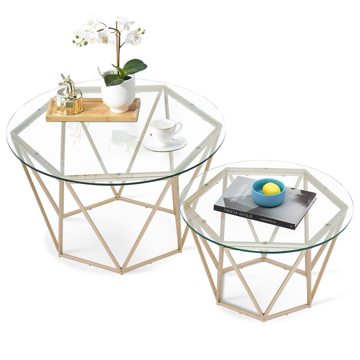 Round Coffee Table Set of 2, End Tables for Living Room, 31.5in and 23.6in Modern Minimalist Tea Tables, Tempered Glass Accent Tabletop with Gold Metal Frame Legs (6090-DIAMON-S86GL/WG)