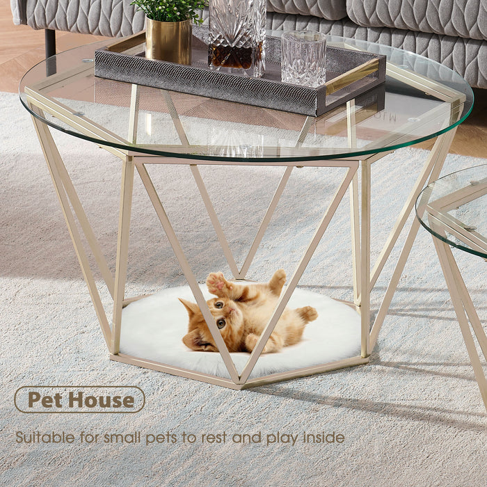 Round Coffee Table Set of 2, End Tables for Living Room, 31.5in and 23.6in Modern Minimalist Tea Tables, Tempered Glass Accent Tabletop with Gold Metal Frame Legs (6090-DIAMON-S86GL/WG)