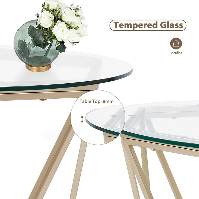 Round Coffee Table Set of 2, End Tables for Living Room, 31.5in and 23.6in Modern Minimalist Tea Tables, Tempered Glass Accent Tabletop with Gold Metal Frame Legs (6090-DIAMON-S86GL/WG)