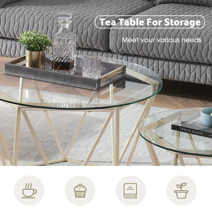 Round Coffee Table Set of 2, End Tables for Living Room, 31.5in and 23.6in Modern Minimalist Tea Tables, Tempered Glass Accent Tabletop with Gold Metal Frame Legs (6090-DIAMON-S86GL/WG)