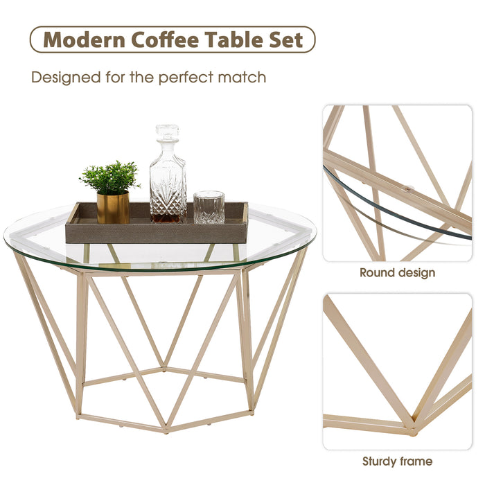 Round Coffee Table Set of 2, End Tables for Living Room, 31.5in and 23.6in Modern Minimalist Tea Tables, Tempered Glass Accent Tabletop with Gold Metal Frame Legs (6090-DIAMON-S86GL/WG)