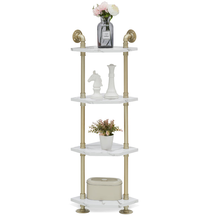 Corner Bookshelf with Storage, Wall Mount Pipe Open Shelves, White Corner Shelf Stand, Gold Metal Décor Bookcase , Modern Shelf Organizer Display Stand Rack for Bedroom, Bathroom, Home, Office, Living Room 6090-CS303WGD/6090-CS404WGD/6090-CS505WGD