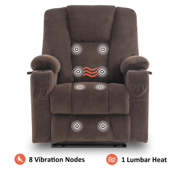 Mcombo Electric Power Recliner Chair with Massage & Heat, Extended Footrest, USB Ports, 2 Side Pockets, Cup Holders, Plush Fabric 8015
