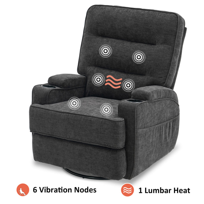 Mcombo Electric Power Swivel Glider Recliner Chair with Heat and Vibrating for Nursery, USB ports, Pillow, Cup Holders, Remote Control, Fabric 7752