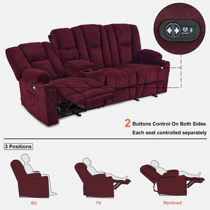 Mcombo Fabric Power Loveseat Recliner, Electric Reclining Sofa with Heat and Massage, Cup Holders, USB Charge Port for Living Room 6015/6035/6025/6045