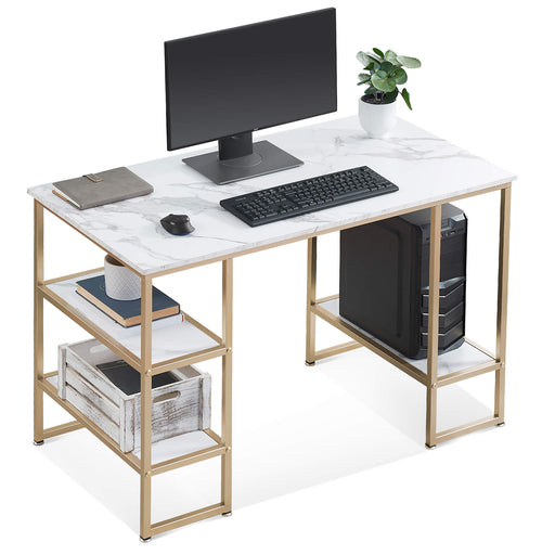 Mcombo Computer Desk Office Desk with 3-Tier Shelves, White Desk for Small Space, Gaming Desk with CPU Stand 6090-DP-114RBL/140MBL/140VIN