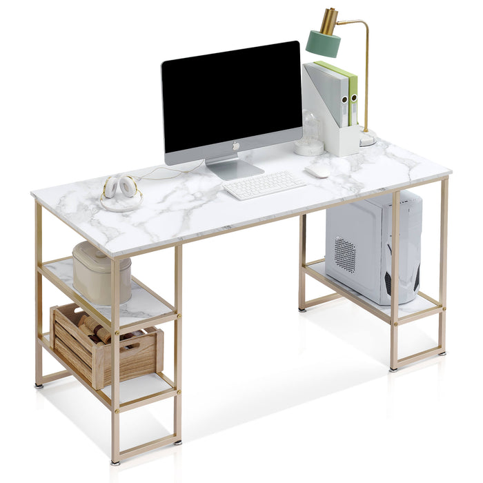 Mcombo Computer Desk Office Desk with 3-Tier Shelves, White Desk for Small Space, Gaming Desk with CPU Stand 6090-DP-114RBL/140MBL/140VIN