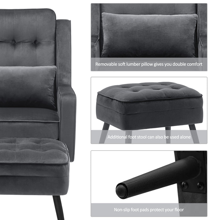 MCombo Modern Accent Club Chair with Ottoman, Velvet Upholstered with Black Metal Legs, Armchair with Lumbar Pillow for Living Room 4278