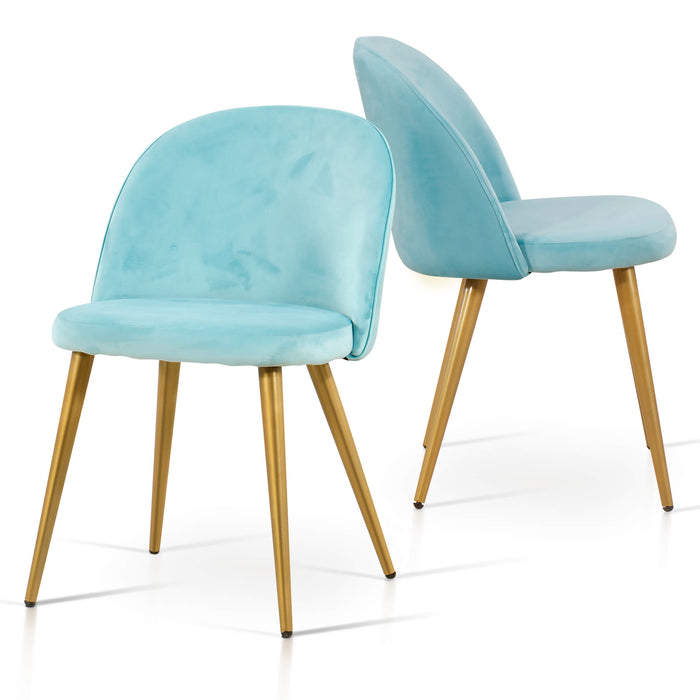 Mcombo Velvet Dining Chairs Set of 2, Soft Tufted Modern Living Room Chairs Upholstered Accent Chairs Baby Blue Armless Chairs with Gold-Finished Metal Legs 6090-GD923