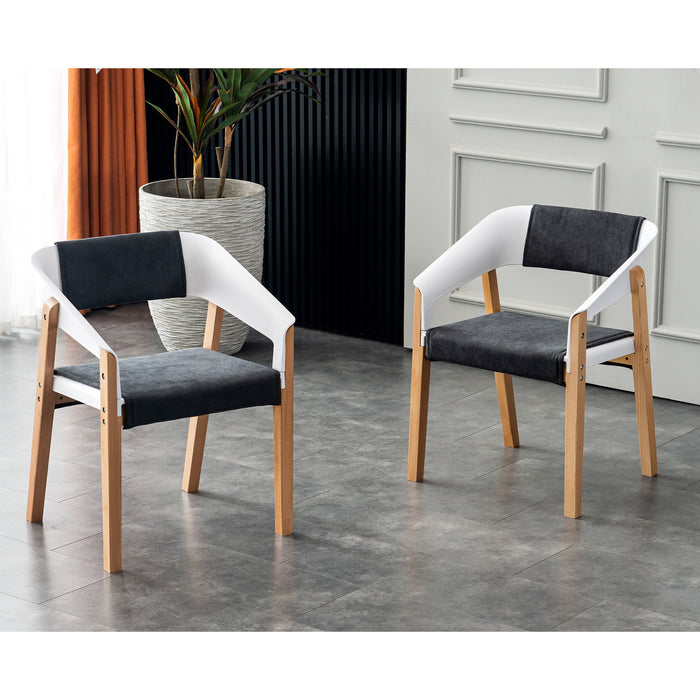 Mcombo Dining Chair Set of 2, White Plastic Dining Chair with Solid Wood Legs, Fabric Side Seat Arm Chair for Kitchen Room Outdoor, Mid Century Modern Accent Chairs (Easy Assembled, with Cushion)  6090-5122OAK